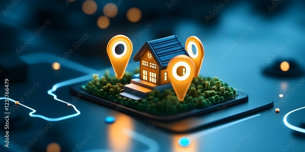 Poster a 3d model of a house with location pins, symbolizing a home in a digital mapping or navigation cont