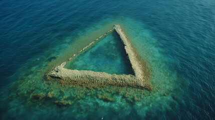 Aerial view of triangular island formation in turquoise waters. Suitable for travel destinations, environmental conservation, and marine research topics.