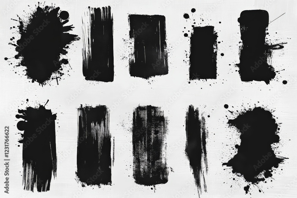 Poster Abstract black paint splatters and strokes creating dynamic textures on a white background