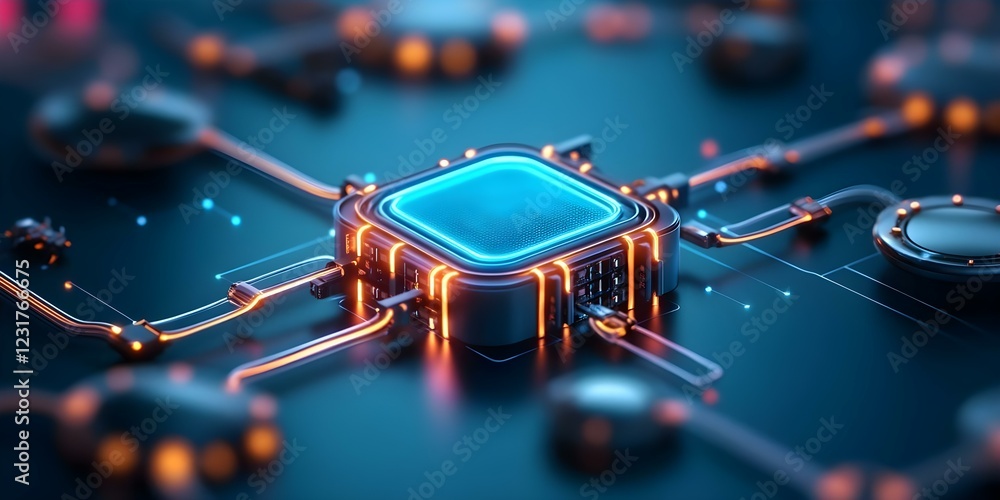 Poster a futuristic microchip surrounded by glowing circuits and connections on a dark background, showcasi