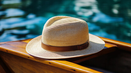 Classic panama hat in sunlit boat setting. Ideal for summer fashion, luxury travel, and nautical lifestyle content.