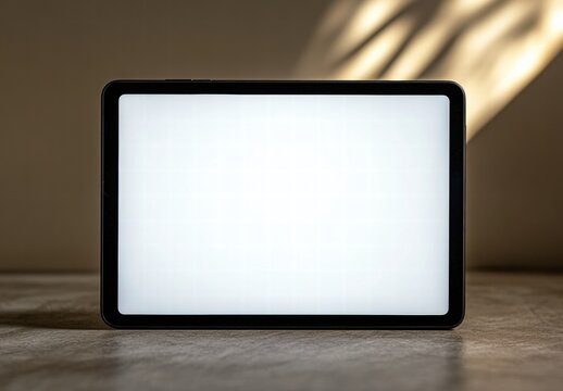 A tablet with a white screen sits on a table