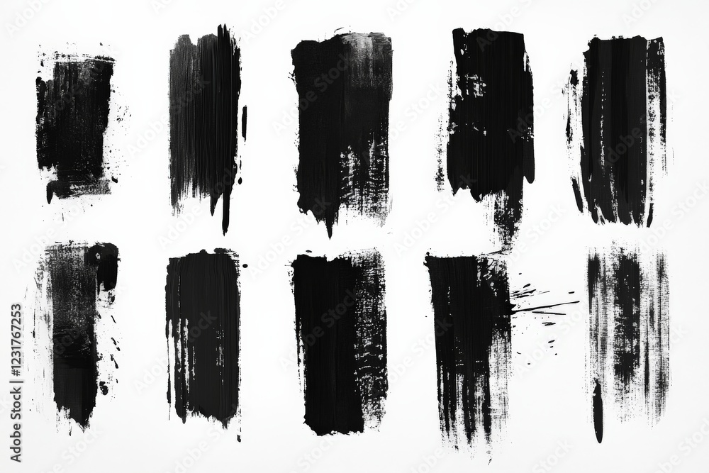 Poster Abstract black brush strokes create dynamic textures and patterns on a white background for artistic expression