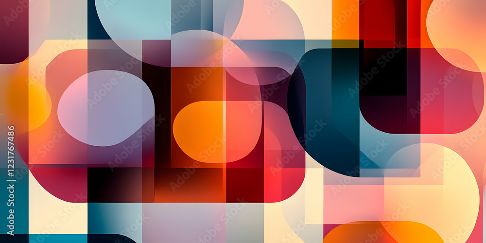 Aufkleber abstract geometric background with overlapping circles and rectangles in vibrant warm and cool tones