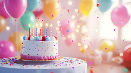 Festive birthday cake with lit candles, surrounded by colorful balloons and confetti, perfect for celebrations.