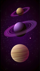 Fototapeta premium Three ringed planets cosmic space background, digital illustration, website banner