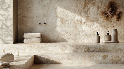 Product display on beige stone slabs with a textured stone wall in 3D, showcasing natural stone textures and a clean background 