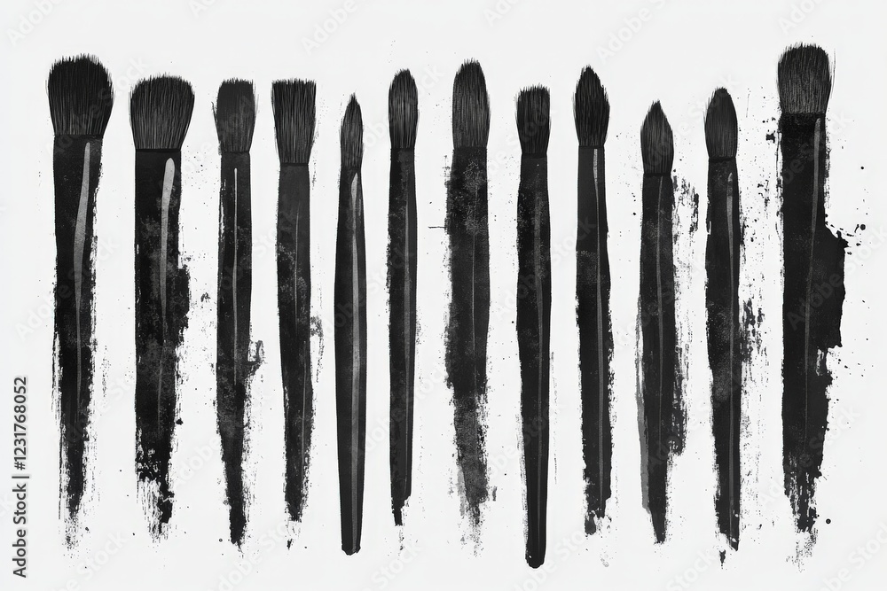 Poster various makeup brushes arranged in a neat row with black paint strokes creating an artistic display