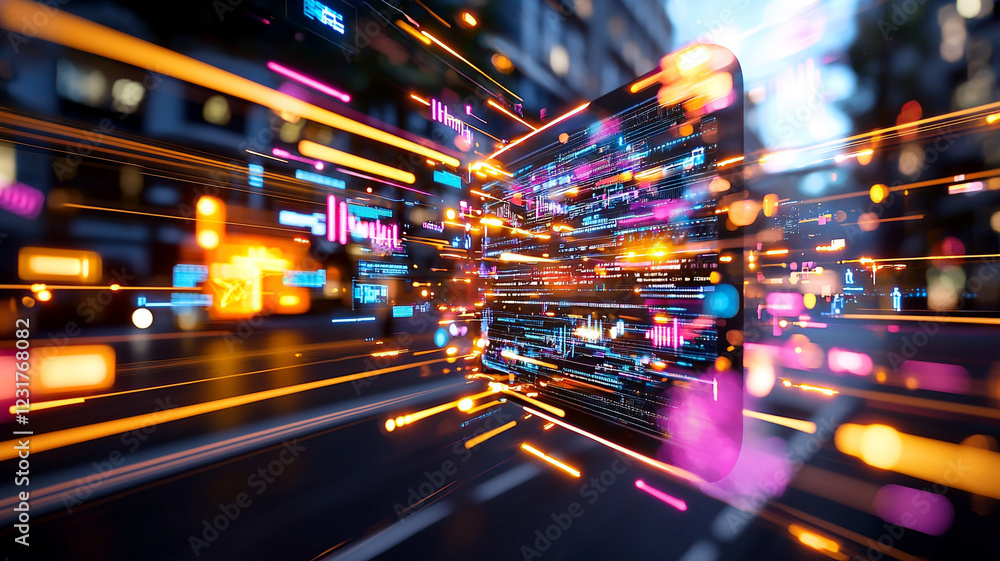 Poster dynamic digital data stream flowing through urban nightscape