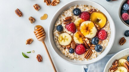 A bowl of creamy overnight oats topped with fresh fruit, nuts, and honey drizzle on a white table.