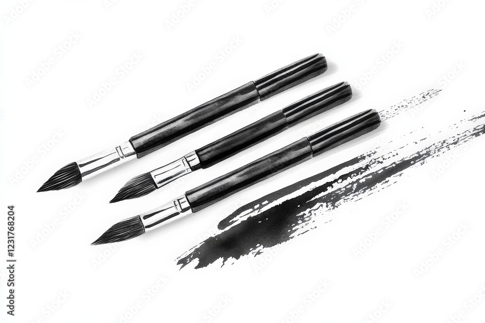 Poster brushes arranged neatly with black paint strokes on a clean surface showcasing artistic tools for ve