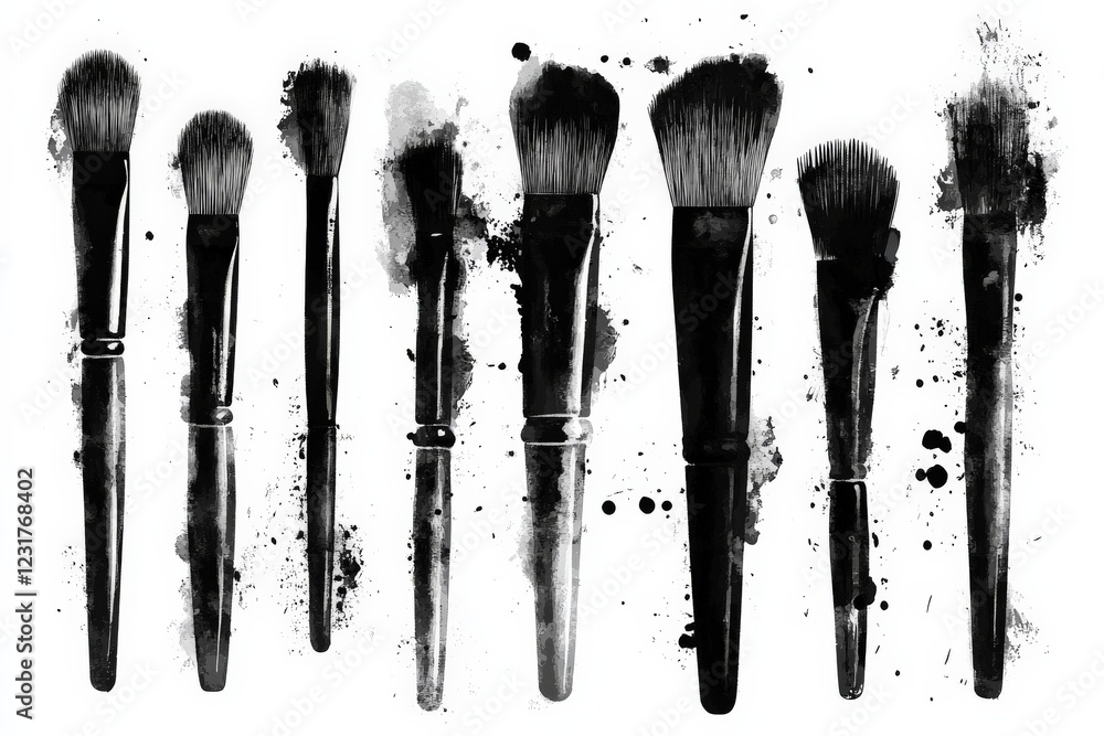 Aufkleber close up of a collection of makeup brushes arranged in a row showcasing various shapes and sizes on 