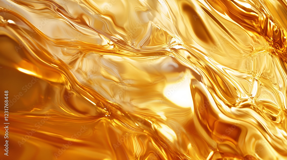 Poster close up view of flowing liquid metal surface with abstract golden tones and smooth reflections. gen