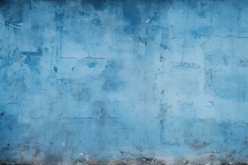 Obraz premium Weathered blue wall texture with cracks and peeling paint, revealing underlying brick structure, creating a vintage or distressed background