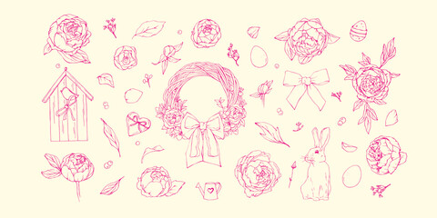Easter doodles with rabbit and peones