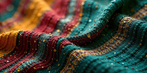 Textured Knit Fabric with Embellishments A Close-Up View of Rich Hues and Sparkling Details