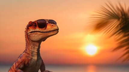 Cool Dinosaur Enjoying a Tropical Sunset with Sunglasses and Relaxed Vibe at the Beach