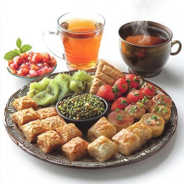 Ramadan Celebration with Baklava, Qatayef, and Fresh Fruit Salad &ndash; Vibrant and Realistic