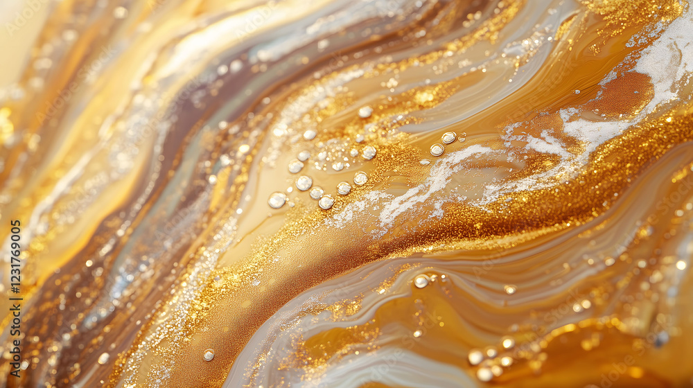 Poster close up view of shimmering liquid metal surface showcasing intricate patterns and textures in warm 
