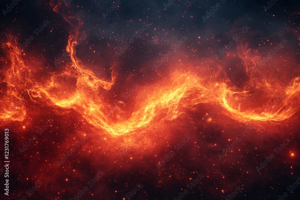 Poster vibrant flames swirl in the cosmic sky, illuminating the dark expanse with fiery hues and dynamic pa