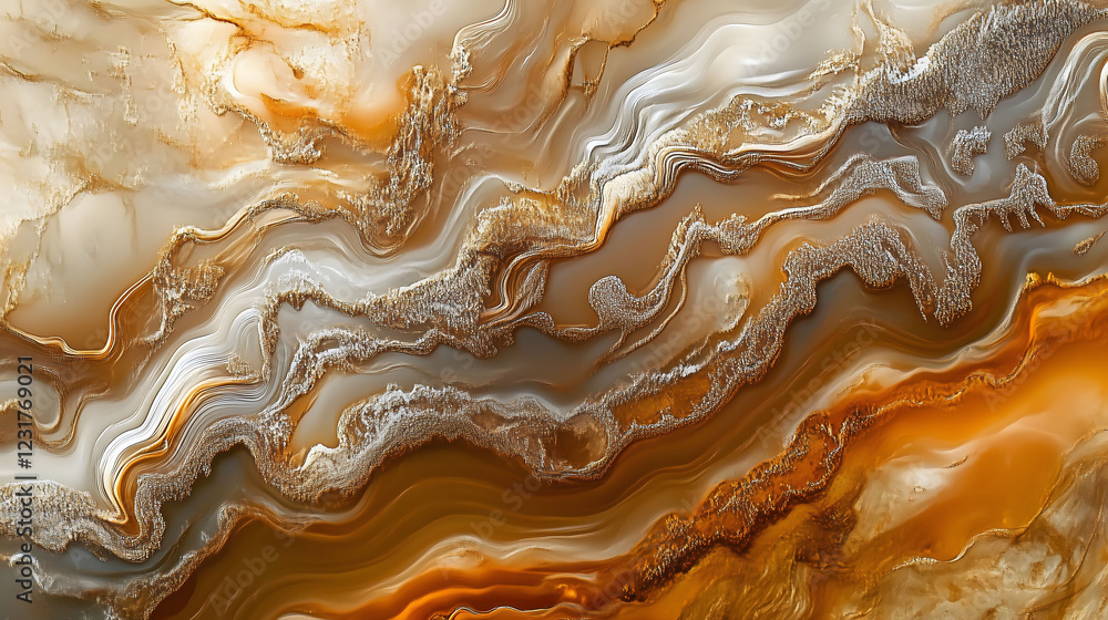 Poster abstract close up of a liquid metal surface showcasing intricate patterns and swirling colors. gener