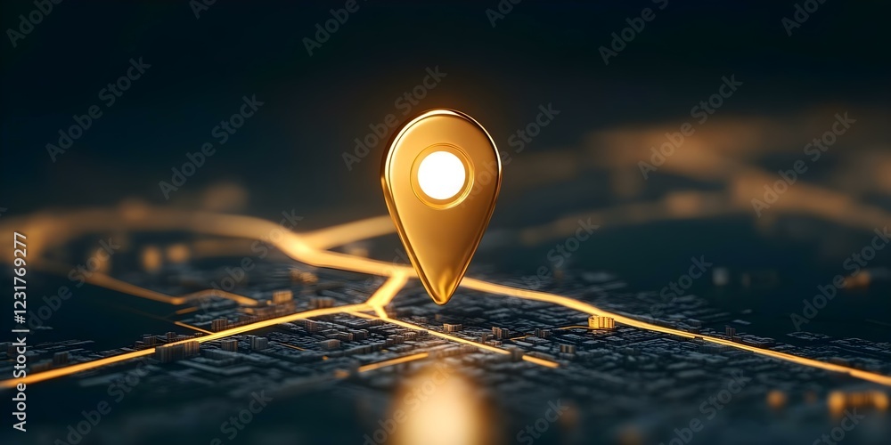 Poster a 3d golden location pin over a map, symbolizing navigation or a point of interest. concept 3d golde