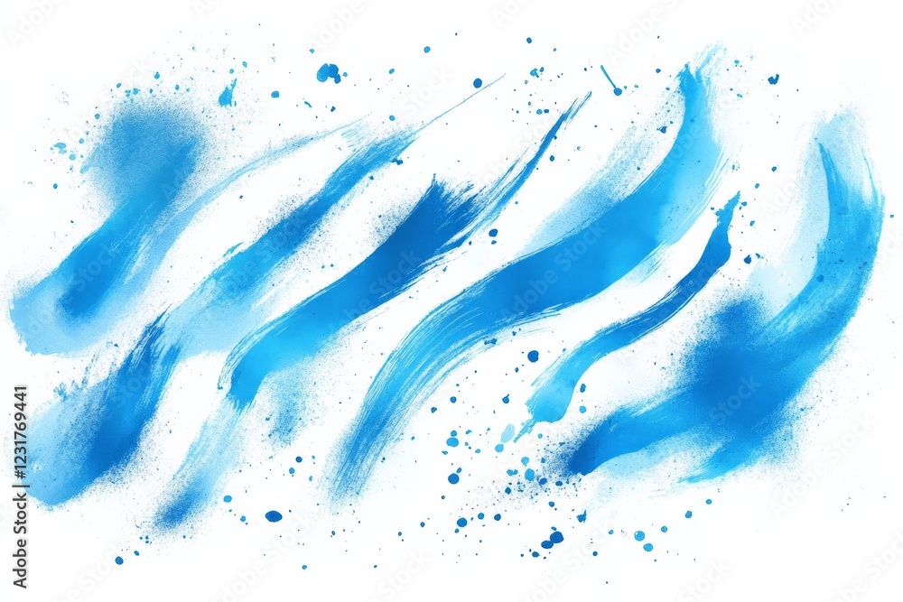 Poster Vibrant blue abstract artistic strokes and splashes create a dynamic and flowing composition on a clean white background