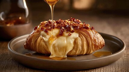 A croissant topped with melted brie and drizzled with hot chili honey.