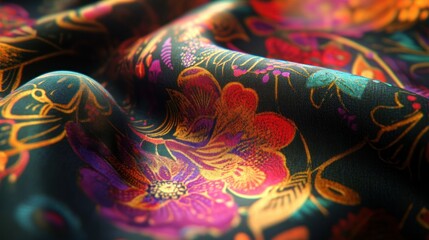 Obraz premium A vibrant fabric close-up with intricate patterns, illuminated with soft ambient light, hyper-real detail, and open center.