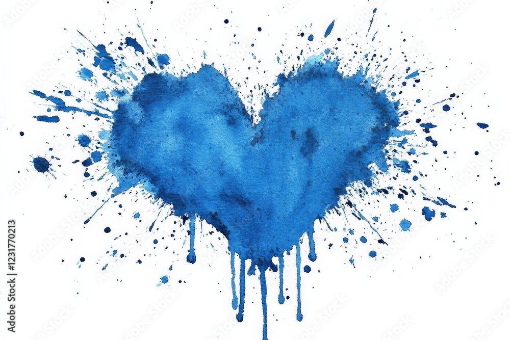 Poster creative depiction of a blue heart with splashes and drips on a white background expressing emotion 