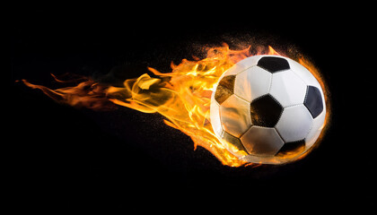Burning soccer or football ball with smoke. Hot orange flame. Active sport. Black background.