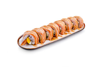 Delicious sushi rolls arranged neatly on a sleek platter with vibrant colors and appealing...