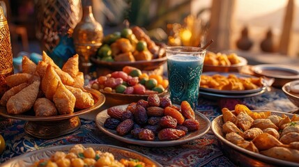 Traditional Ramadan Table with Dates, Samosas, Fresh Fruits, and Yogurt Drink