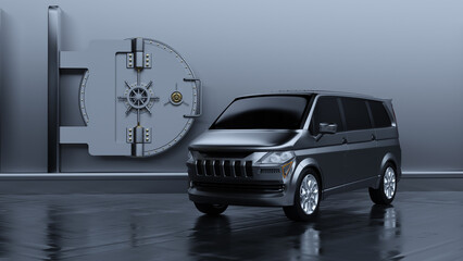 Ein Werttransporter vor einer Stahlwand mit einer schweren Tresort&uuml;r