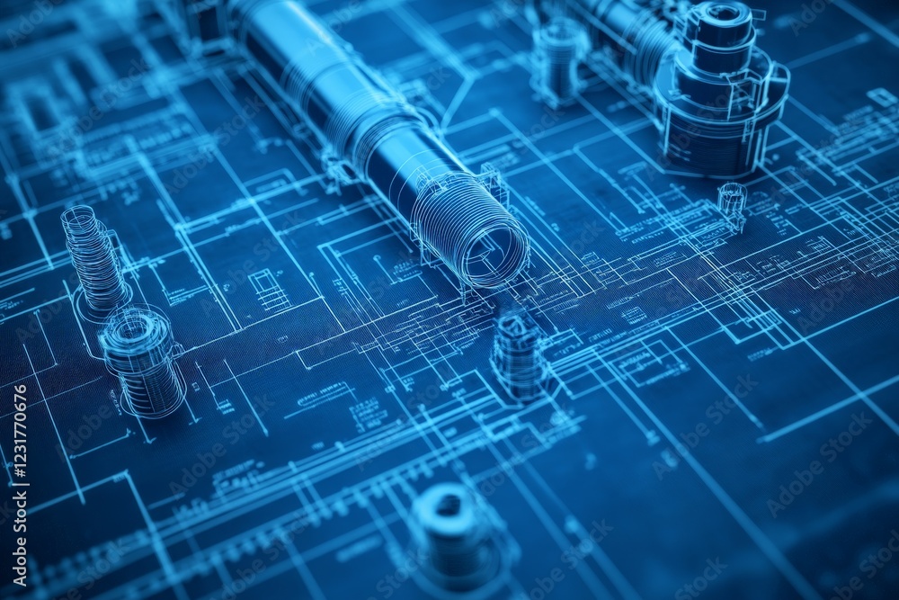 Poster Detailed view of blue engineering blueprint with various mechanical components and lines of measurement at precise angles