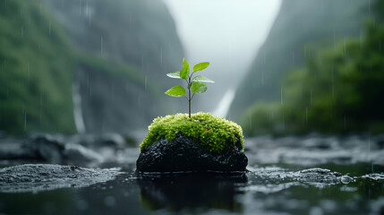 Young sprout growing on rock, rain, waterfall background; nature renewal
