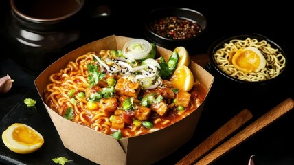 Indian dishes curry street food concept. A vibrant bowl of ramen with toppings like eggs, vegetables, and spices, served in a stylish container against a dark backdrop.