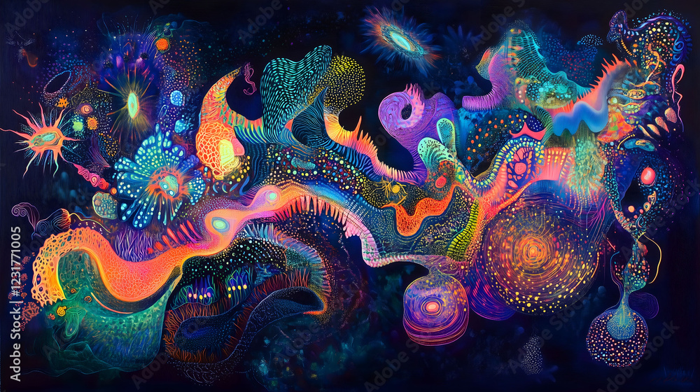 Poster neon organic forms flowing through a dark cosmic landscape with vibrant colors and intricate pattern