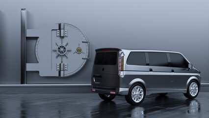 Ein Werttransporter vor einer Stahlwand mit einer schweren Tresort&uuml;r