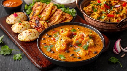 Fototapeta premium Indian dishes curry street food concept. A vibrant platter featuring various Indian dishes, including curry, dumplings, and garnishes, showcasing rich colors and flavors.