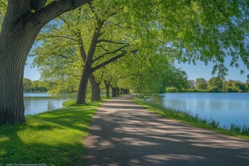 Serene lakeside path, trees arching overhead, sunny spring day, tranquil nature scene, perfect for travel or nature websites