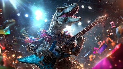 Obraz premium Animated dinosaur rock star performing at a vibrant concert with colorful lights and music elements