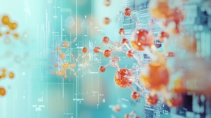 Obraz premium A visually stunning biotech composition with DNA models, molecular diagrams, and 3D data graphs, on a futuristic light blue background.