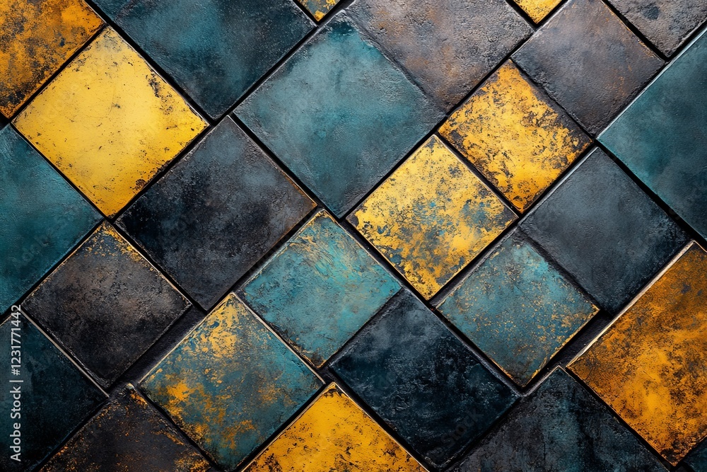 Poster Colorful geometric tiles arranged in a dynamic pattern on a surface with a mix of black, turquoise, and yellow shades