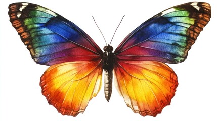 A visually stunning butterfly clipart in watercolor, showcasing soft rainbow gradients on its wings, isolated on white.