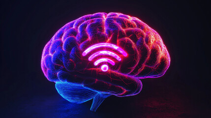 Glowing neon brain with WiFi symbol. Ideal for digital intelligence, smart technology, and connected mind concepts.
