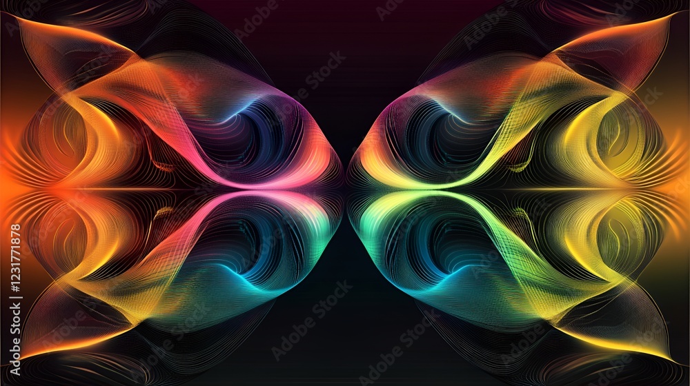 Wall mural abstract flowing lines forming colorful symmetrical waves on a dark gradient background
