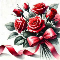 A hand-painted watercolor bouquet of red and pink roses, tied with a matching pink ribbon, making a perfect symbol of love and appreciation.