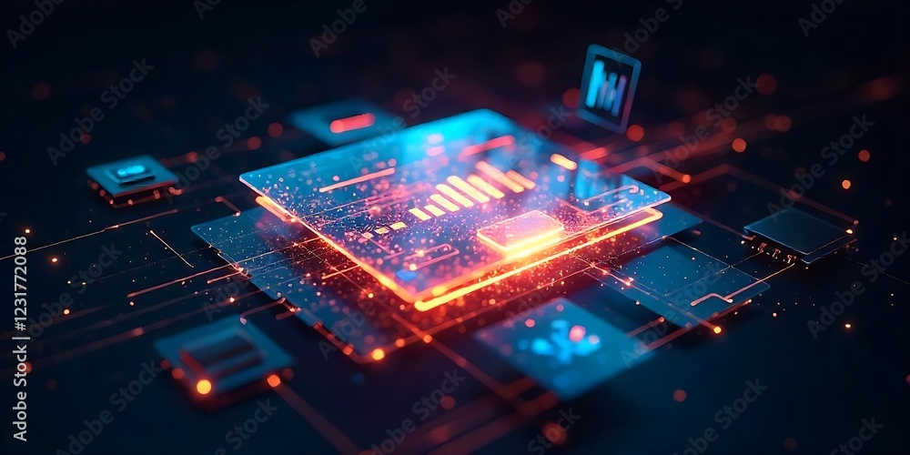 Poster futuristic digital data processing system with glowing circuits and graphs