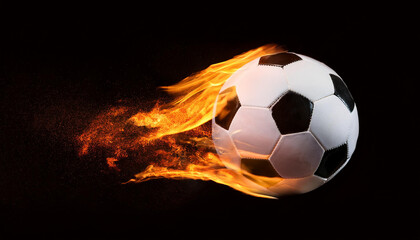 Burning soccer or football ball with smoke. Hot orange flame. Active sport. Black background.